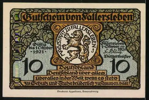 Notgeld Fallersleben 1920, 10 Pfennig, Denkmal von Hoffmann von Fallersleben