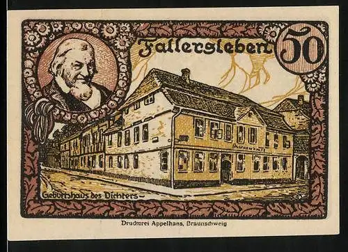 Notgeld Fallersleben 1920, 50 Pfennig, Geburtshaus von Hoffmann von Fallersleben