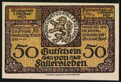 Notgeld Fallersleben 1920, 50 Pfennig, Geburtshaus von Hoffmann von Fallersleben