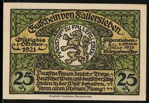 Notgeld Fallersleben 1920, 25 Pfennig, Schloss, Amtsgericht und Kirche