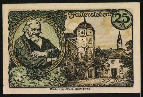 Notgeld Fallersleben 1920, 25 Pfennig, Schloss, Amtsgericht und Kirche