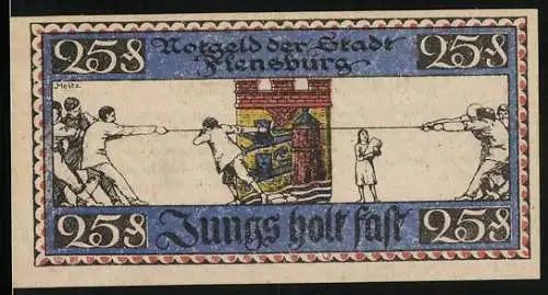 Notgeld Flensburg 1920, 25 Pfennig, Jungen beim Tauziehen