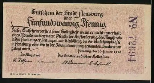 Notgeld Flensburg 1920, 25 Pfennig, Jungen beim Tauziehen