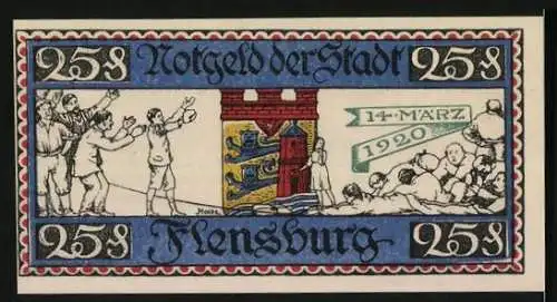 Notgeld Flensburg 1920, 25 Pfennig, Eine Seite hat das Tauziehen gewonnen