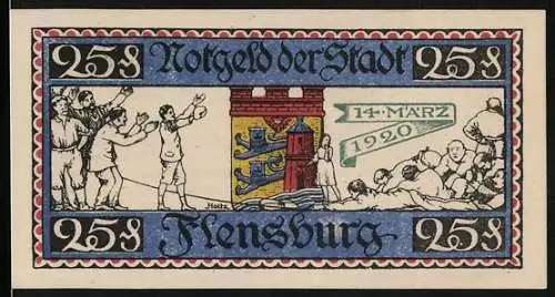 Notgeld Flensburg 1920, 25 Pfennig, Die Verlierer des Taziehens liegen am Boden