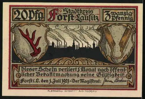 Notgeld Forst i. L. 1921, 20 Pfennig, Mann am Webstuhl