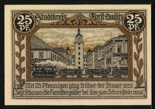Notgeld Forst i. L. 1921, 25 Pfennig, Eisenbahn vor dem Rathaus