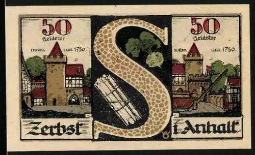 Notgeld Zerbst i. Anhalt 1921, 50 Pfennig, Das Heidetor um 1750