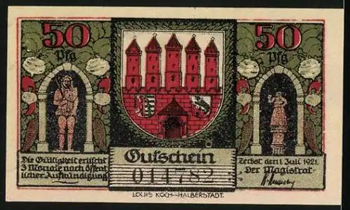 Notgeld Zerbst i. Anhalt 1921, 50 Pfennig, Das Heidetor um 1750