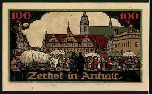 Notgeld Zerbst i. Anhalt 1921, 100 Pfennig, Belebte Szene auf dem Marktplatz