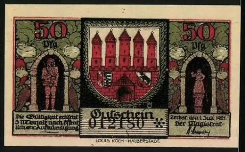 Notgeld Zerbst i. Anhalt 1921, 50 Pfennig, Das Ankuhnsche Tor um 1750