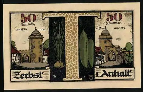 Notgeld Zerbst i. Anhalt 1921, 50 Pfennig, Das Frauentor um 1750