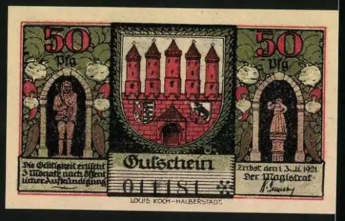 Notgeld Zerbst i. Anhalt 1921, 50 Pfennig, Das Frauentor um 1750