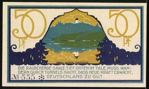 Notgeld Ziegenrück 1921, 50 Pfennig, Haus spiegelt sich im Wasser