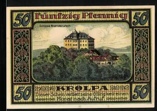 Notgeld Ranis-Ziegenrück 1921, 50 Pfennig, Schloss Brandenstein, Kreishaus, Schloss Ziegenrück