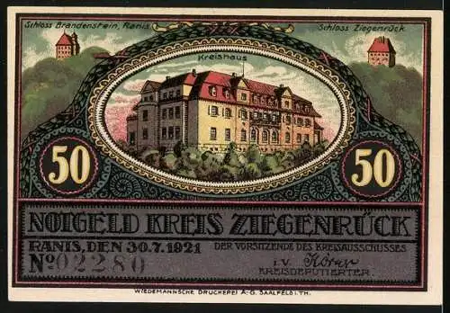 Notgeld Ranis-Ziegenrück 1921, 50 Pfennig, Schloss Brandenstein, Kreishaus, Schloss Ziegenrück