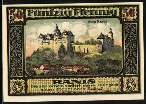 Notgeld Ranis-Ziegenrück 1921, 50 Pfennig, Burg Ranis, Schloss Brandenstein, Kreishaus, Schloss Ziegenrück