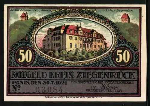 Notgeld Ranis-Ziegenrück 1921, 50 Pfennig, Burg Ranis, Schloss Brandenstein, Kreishaus, Schloss Ziegenrück
