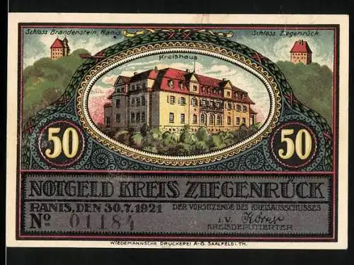 Notgeld Ranis-Ziegenrück 1921, 50 Pfennig, Saaltalsperre Ziegenrück
