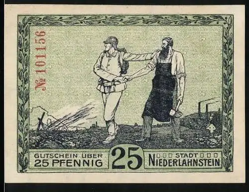 Notgeld Niederlahnstein 1917, 25 Pfennig, Soldat und Schmied geben sich die Hand
