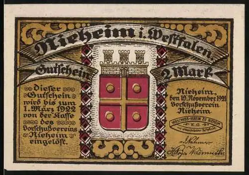 Notgeld Nieheim i. Westfalen 1921, 2 Mark, Stadtwappen