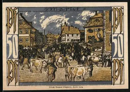 Notgeld Oberlind /S.-M. 1921, 50 Pfennig, Markt mit Rindern
