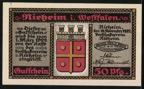 Notgeld Nieheim i. Westfalen 1921, 50 Pfennig, Portrait und Wohnhaus von F. W. Weber