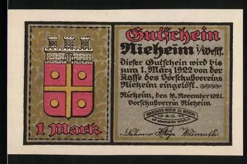 Notgeld Nieheim i. Westfalen 1921, 1 Mark, Stadtwappen