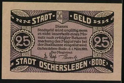 Notgeld Oschersleben /Bode, 25 Pfennig, Strassenpartie mit Brunnen