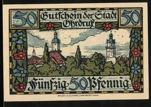 Notgeld Ohrdruf 1921, 50 Pfennig, Teilansicht mit Kirche