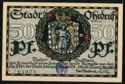 Notgeld Ohrdruf 1921, 50 Pfennig, Teilansicht mit Kirche