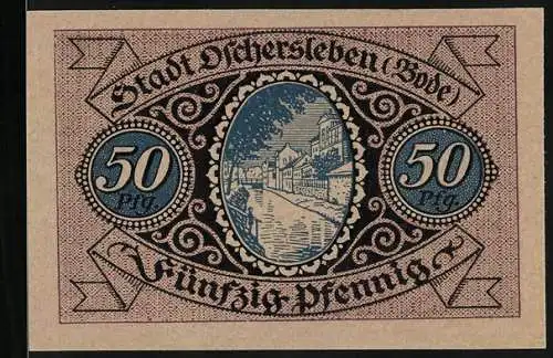 Notgeld Oschersleben /Bode 1921, 50 Pfennig, Uferpartie, Wappen