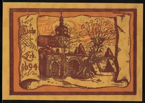 Notgeld Oppurg 1921, 50 Pfennig, Kirche aus dem Jahre 1694, Wappen