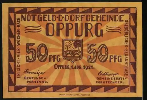 Notgeld Oppurg 1921, 50 Pfennig, Kirche aus dem Jahre 1694, Wappen