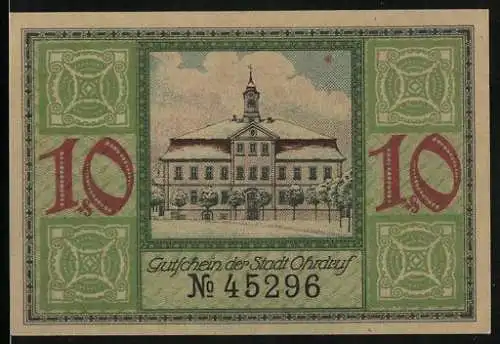 Notgeld Ohrdruf 1921, 10 Pfennig, Rathaus, Stadtwappen