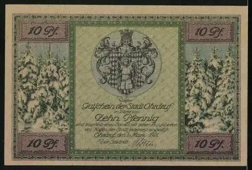 Notgeld Ohrdruf 1921, 10 Pfennig, Rathaus, Stadtwappen