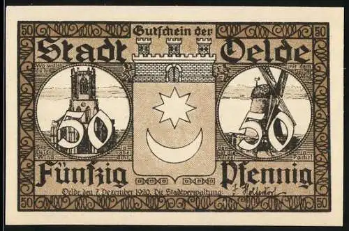 Notgeld Oelde 1920, 50 Pfennig, Kirche, Windmühle, Wappen