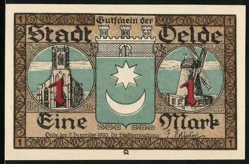 Notgeld Oelde 1920, 1 Mark, Kirche, Windmühle, Wappen