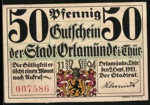 Notgeld Orlamünde i. Thür. 1921, 50 Pfennig, Ritterhelm und Wappen