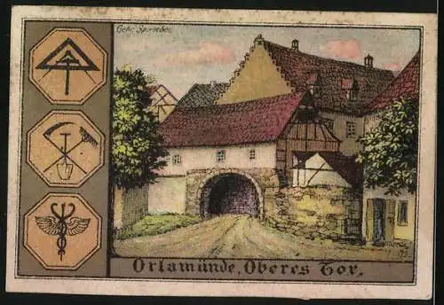Notgeld Orlamünde i. Thür. 1921, 50 Pfennig, Ritterhelm und Wappen