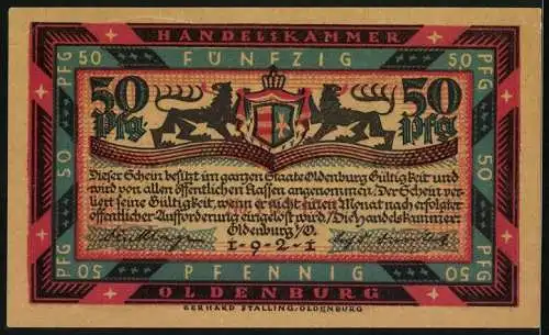 Notgeld Oldenburg 1921, 50 Pfennig, Schiff in Not auf stürmischer See