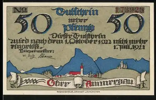 Notgeld Ober-Ammergau 1921, 50 Pfennig, Ortspartie mit Kirche