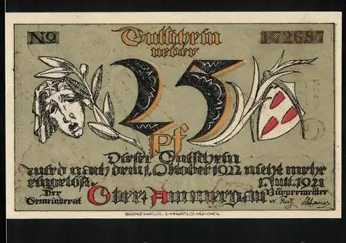Notgeld Ober-Ammergau 1921, 25 Pfennig, Maske und Wappen