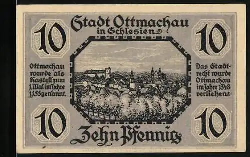 Notgeld Ottmachau in Schlesien 1921, 10 Pfennig, Teilansicht mit Burg