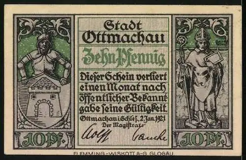 Notgeld Ottmachau in Schlesien 1921, 10 Pfennig, Teilansicht mit Burg