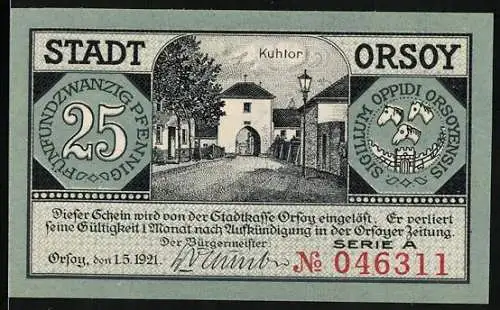 Notgeld Orsoy 1921, 25 Pfennig, Kuhtor, Stadtsiegel