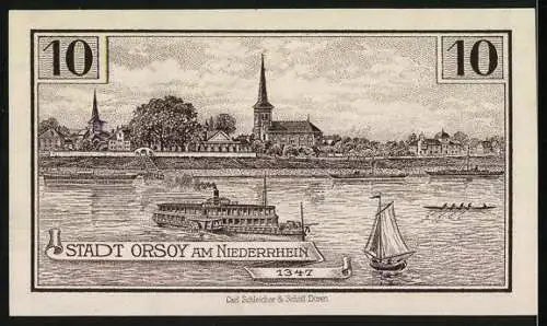 Notgeld Orsoy 1921, 10 Pfennig, Alter Pulverturm, Stadtsiegel