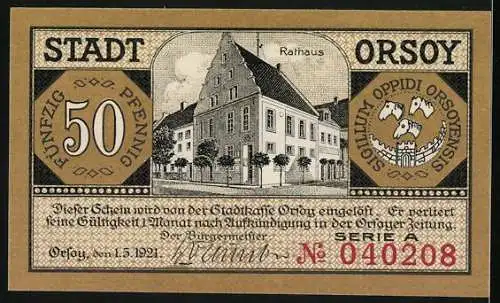 Notgeld Orsoy am Niederrhein 1921, 50 Pfennig, Uferpartie mit Kirche und Dampfer