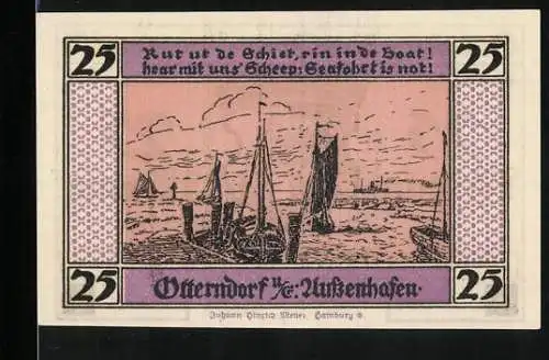 Notgeld Otterndorf a. E. 1920, 25 Pfennig, Hafenausfahrt und Wappen
