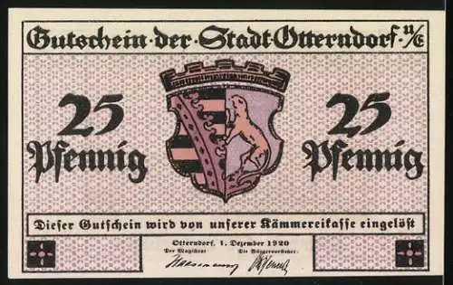 Notgeld Otterndorf a. E. 1920, 25 Pfennig, Hafenausfahrt und Wappen